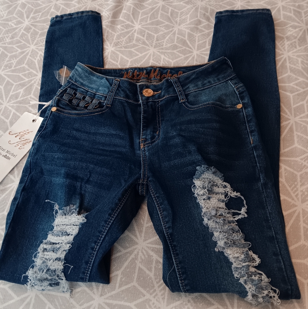 Mitzi Michel Blue Skinny Distressed Jeans With Pocket Detail